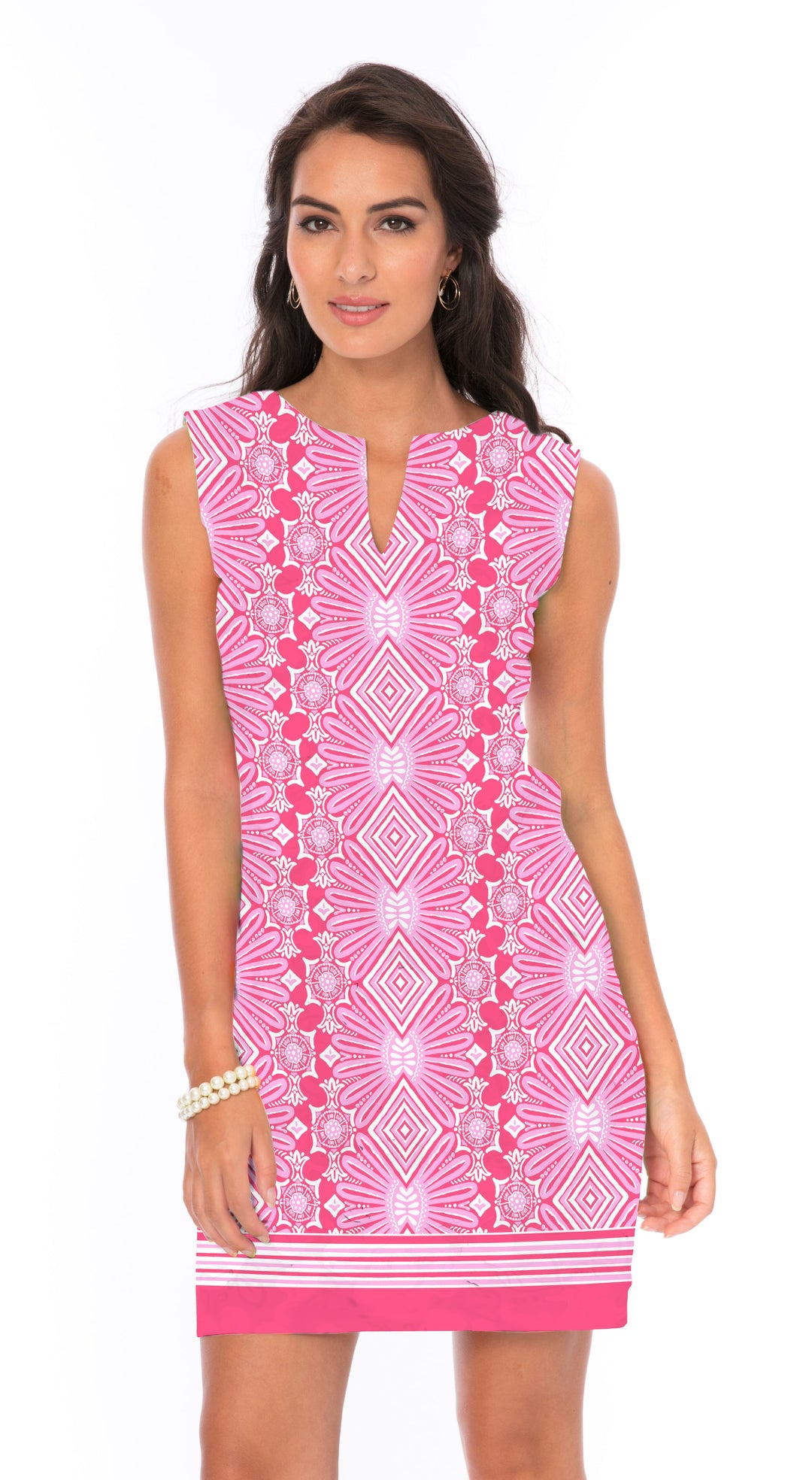 Aztec Geometric Print Shift Dress - Pink White V-Neck