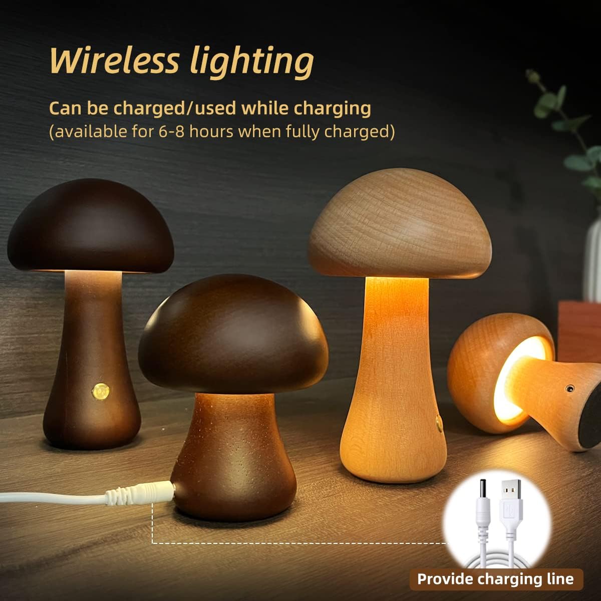 Wooden Mushroom Night Light with Touch Switch, photo 3