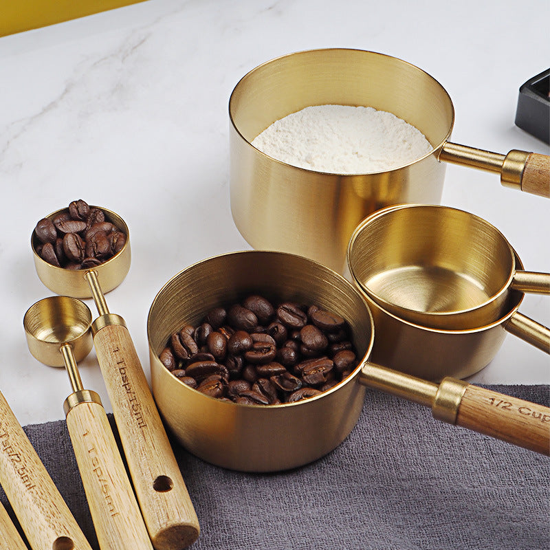 Gold Stainless Steel Measuring Cups and Spoons Set with Acacia Wood Handles, photo 5