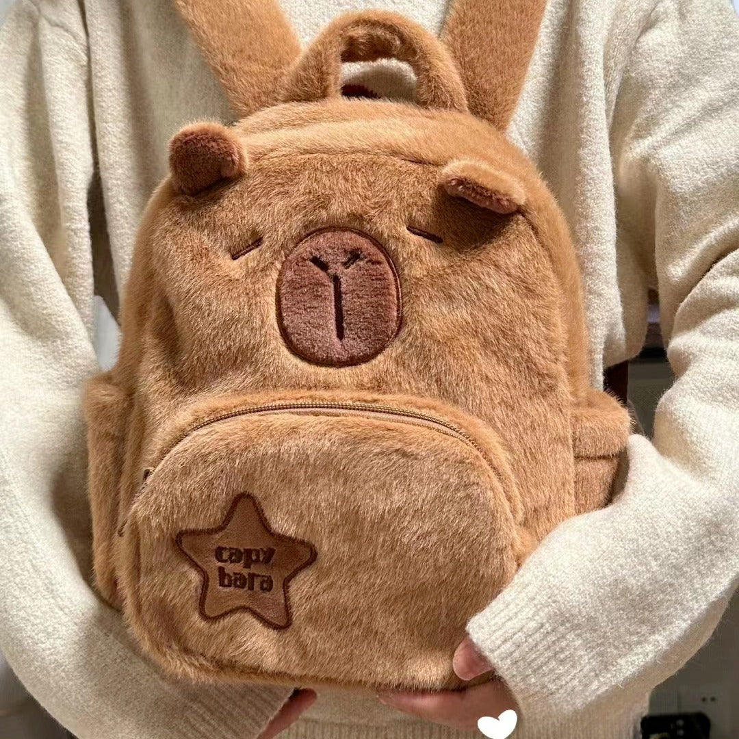 Capybara Plush Backpack and Crossbody Bag, Soft Velvet Animal Bag for Kids and Teens