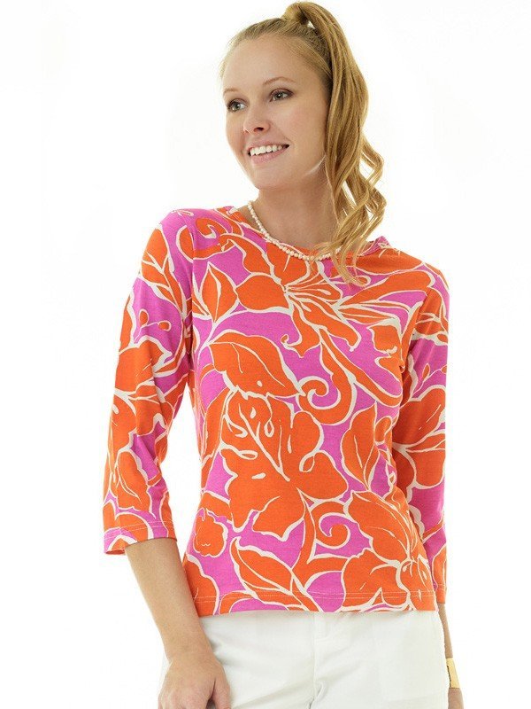Tropical Lily Print Top - Turquoise Green Boat Neck