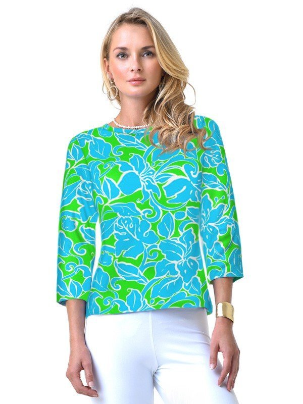 Tropical Lily Print Top - Turquoise Green Boat Neck