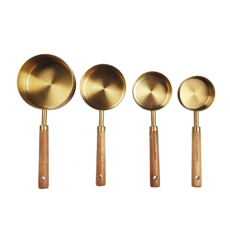 Gold Stainless Steel Measuring Cups and Spoons Set with Acacia Wood Handles, photo 6