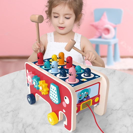 Wooden Pounding Bench Toy, Montessori Hit the Gopher Game with Elephant Design for Kids