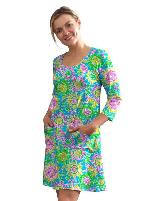 Sunflower Floral Print Shift Dress - Pink Orange Scoop Neck