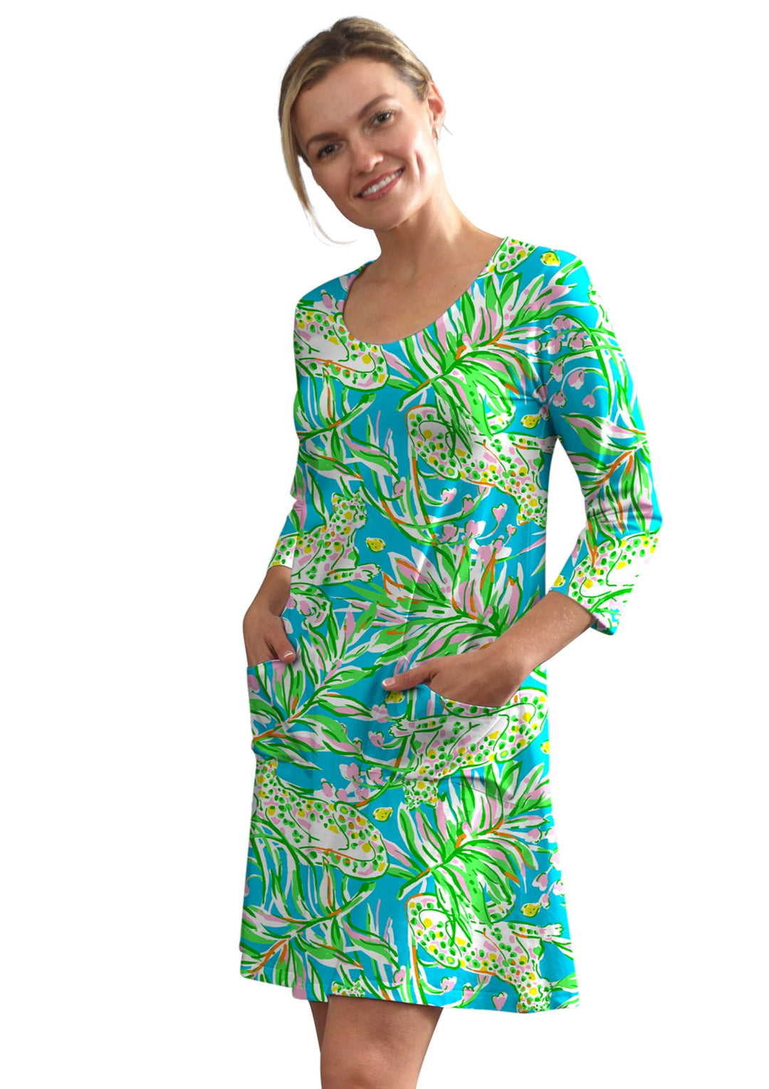 Tropical Floral Print Shift Dress - Green Blue Scoop Neck