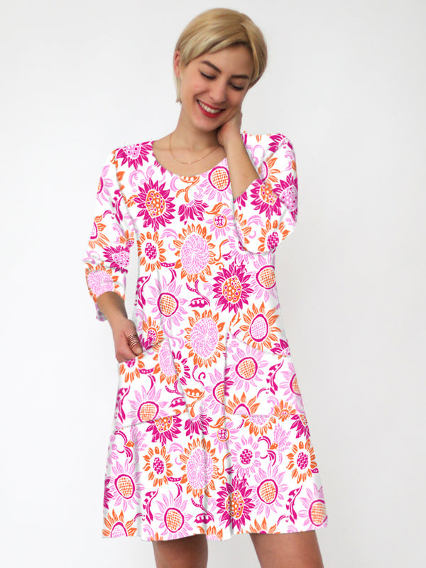 Sunflower Floral Print Shift Dress - Pink Orange Scoop Neck