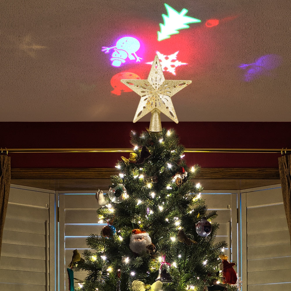 Christmas Tree Topper Star with Built-In Snowflake Projector and Rotating LED Light