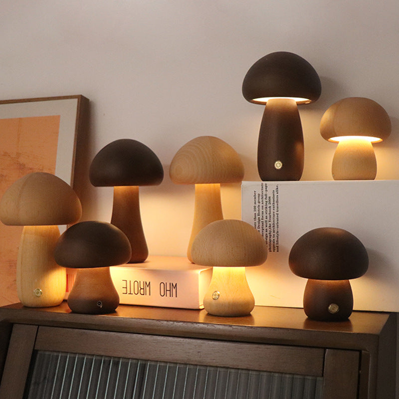 Wooden Mushroom Night Light with Touch Switch, Bedside Table Lamp in Beech or Walnut