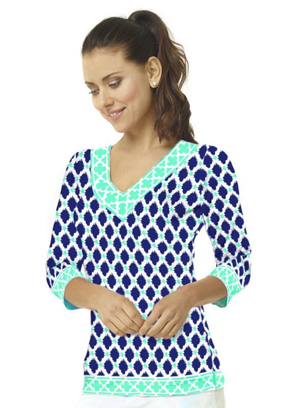 Moroccan Lattice Print Top - Navy White V-Neck