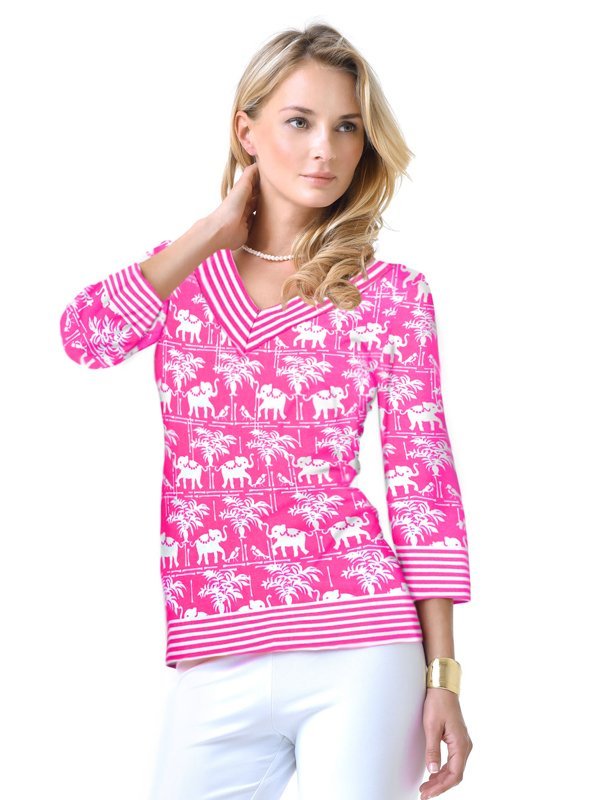 Elephant Palm Print Top - Blue White V-Neck