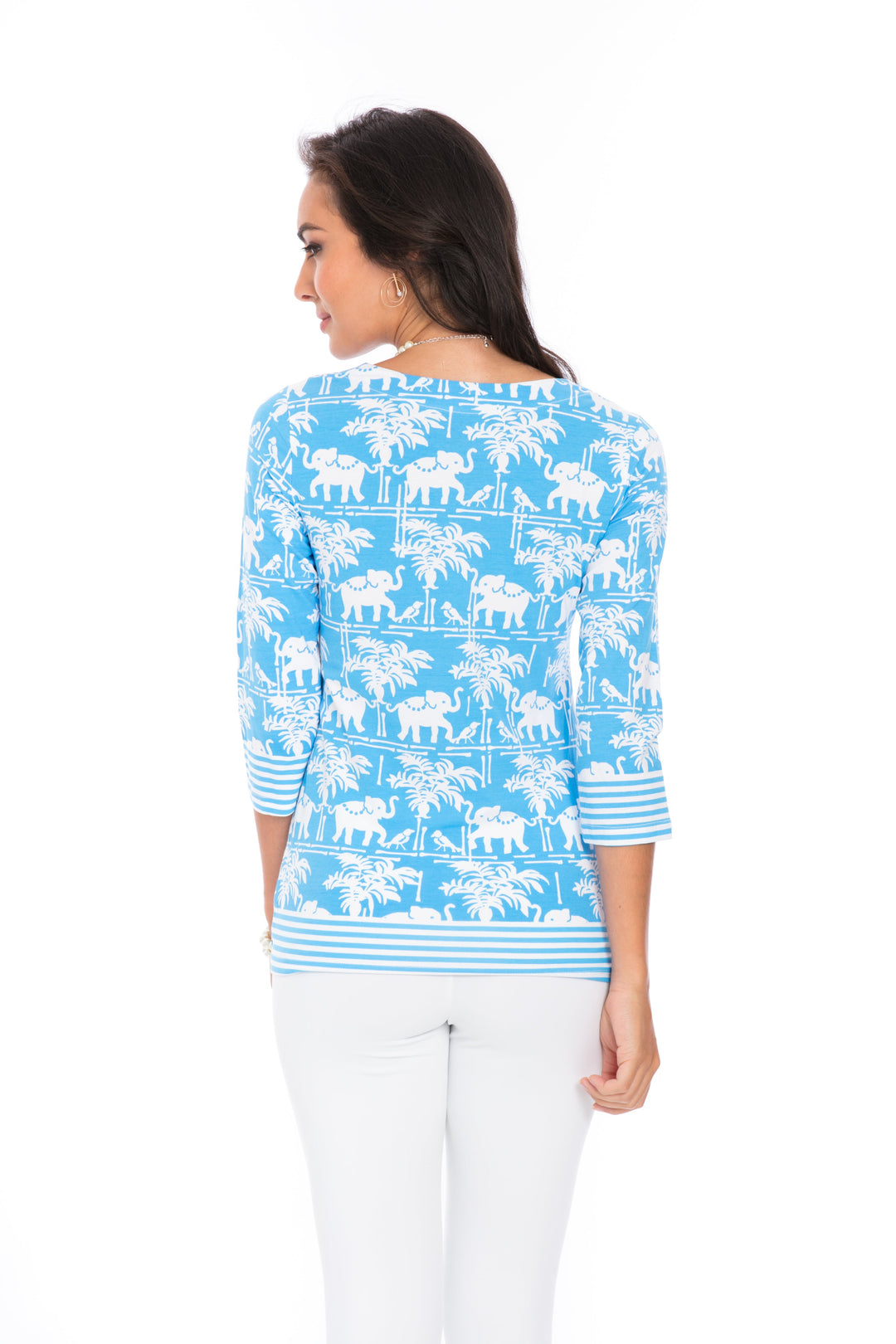 Elephant Palm Print Top - Blue White V-Neck