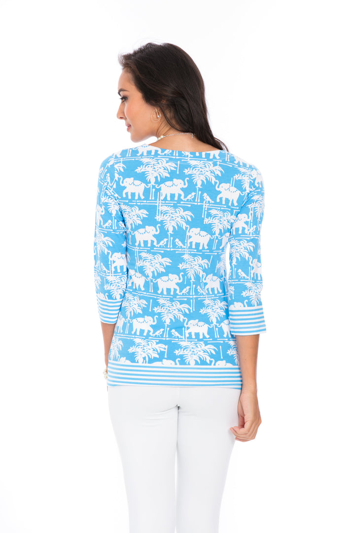 Elephant Palm Print Top - Blue White V-Neck