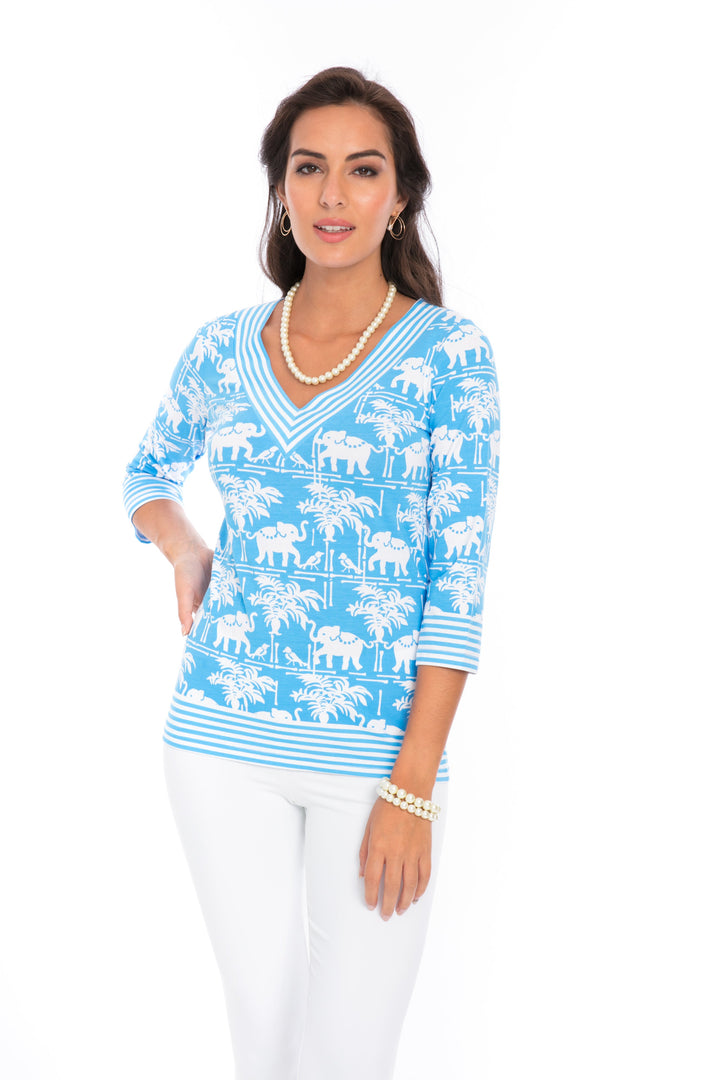 Elephant Palm Print Top - Blue White V-Neck