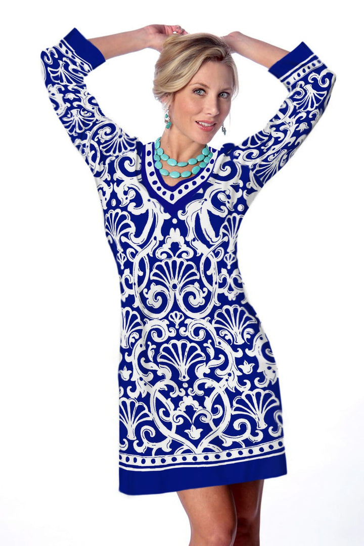 Damask Medallion Print Shift Dress - Navy White V-Neck