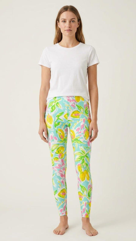 Tropical Lemon Print Leggings - Aqua Yellow