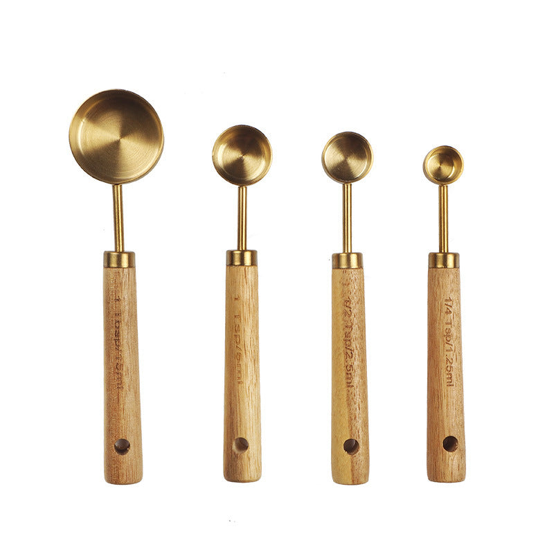 Gold Stainless Steel Measuring Cups and Spoons Set with Acacia Wood Handles, photo 2