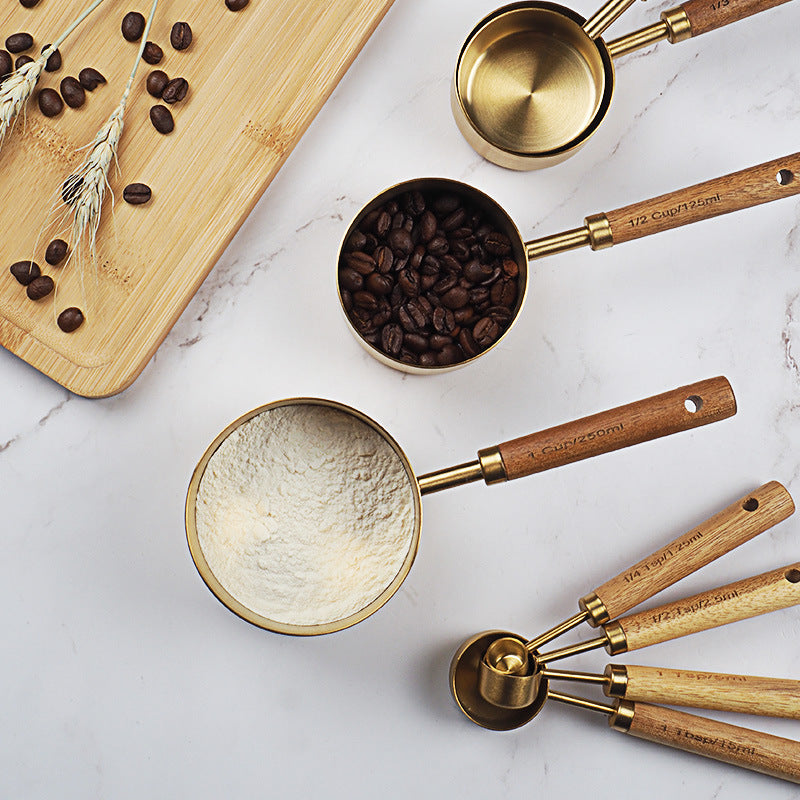 Gold Stainless Steel Measuring Cups and Spoons Set with Acacia Wood Handles, photo 3