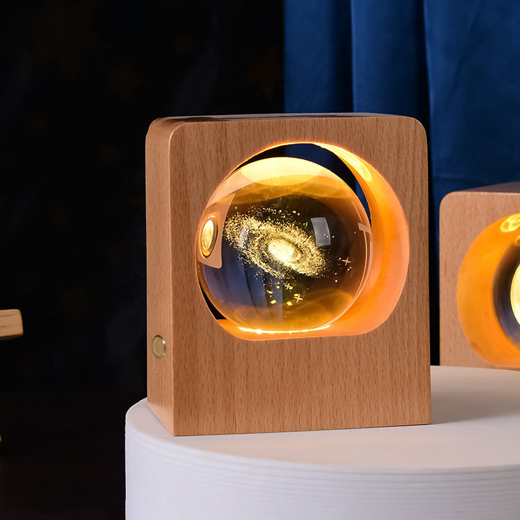 3D Crystal Ball Night Light with Beech Wood Base, USB Dimmable Touch Lamp in 8 Designs