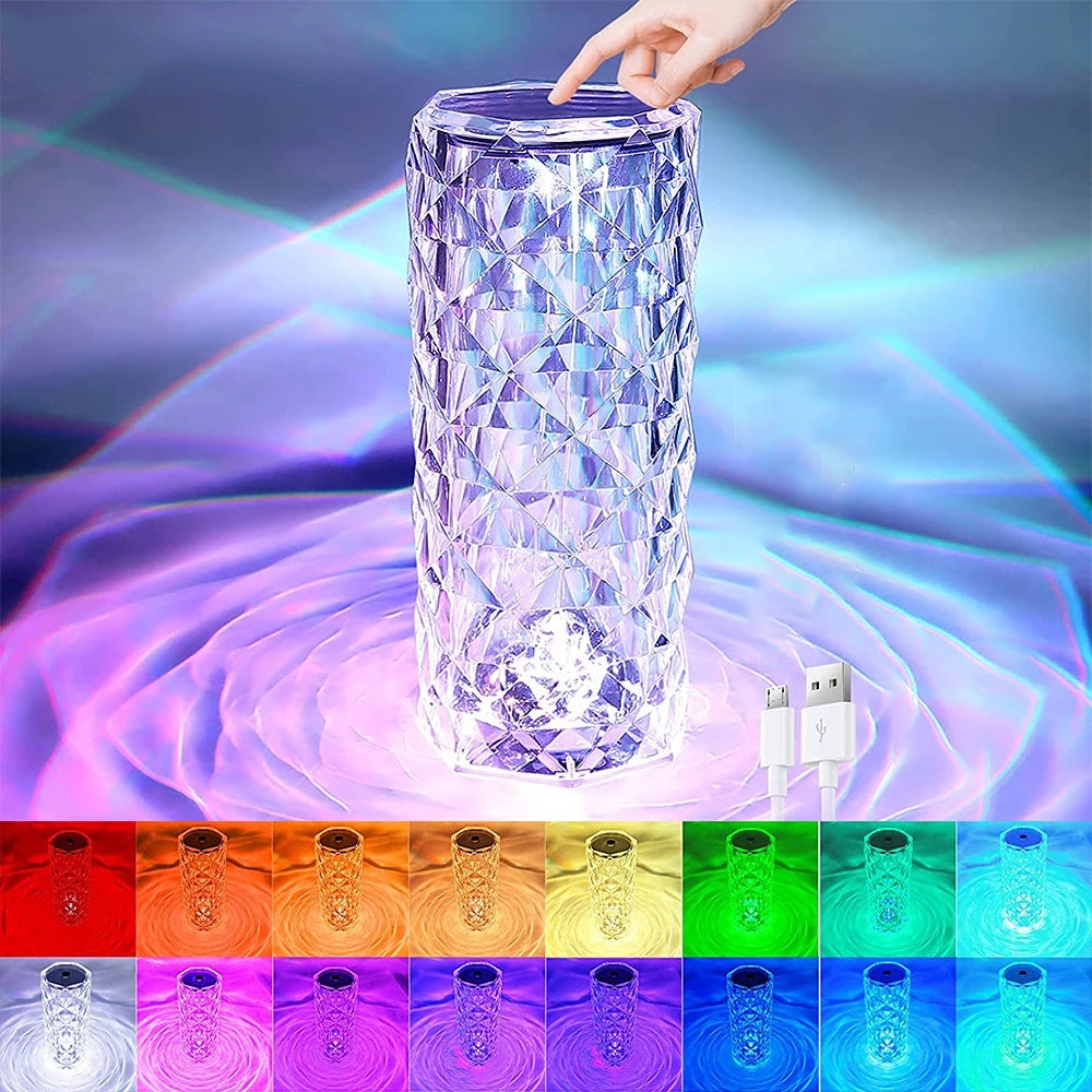 Crystal Rose Touch Lamp with 16 Colors and Remote, Rechargeable LED Table Lamp for Bedroom